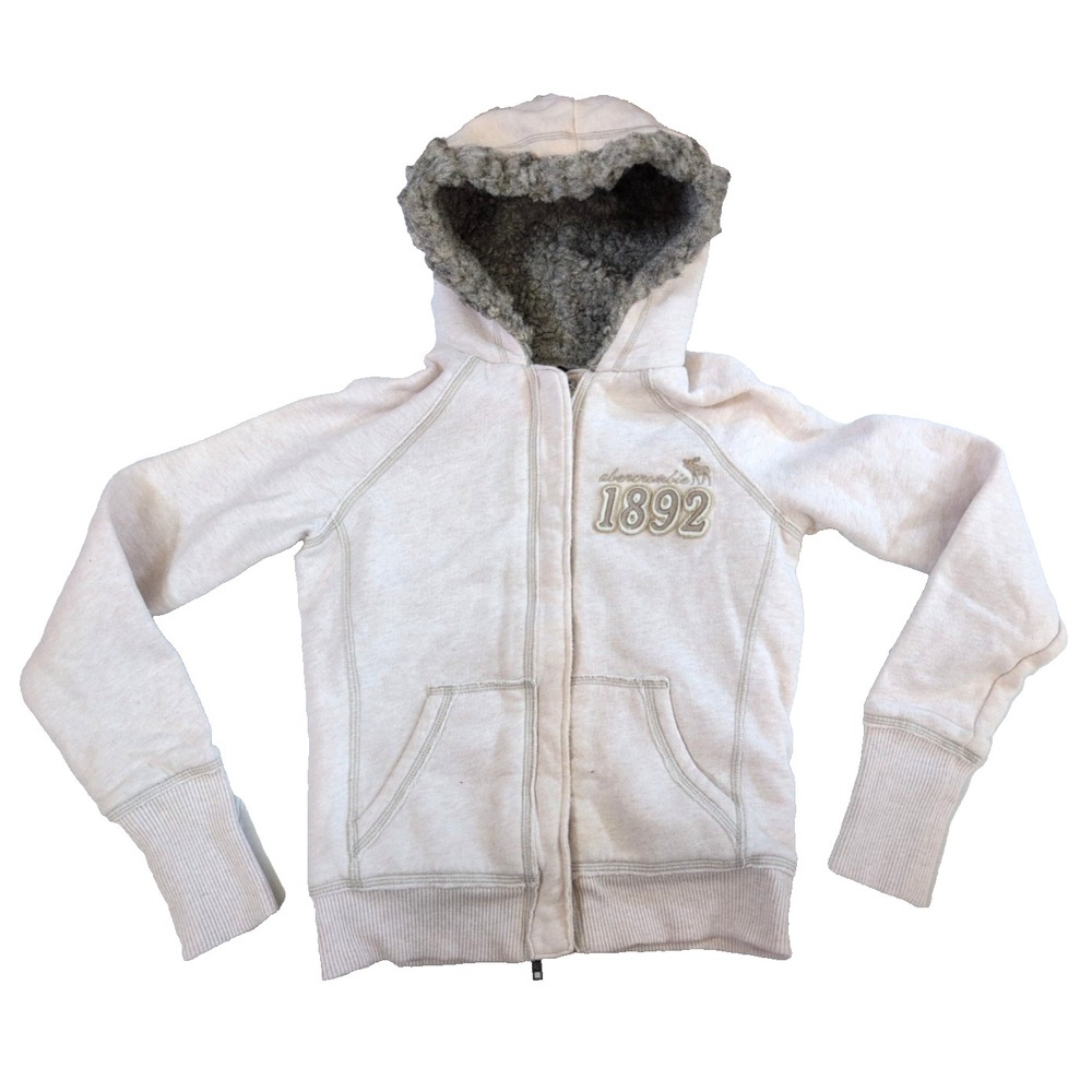 Abercrombie & Fitch Vintage Sherpa Lined Hoodie Cream Full Zip Logo Juniors XL